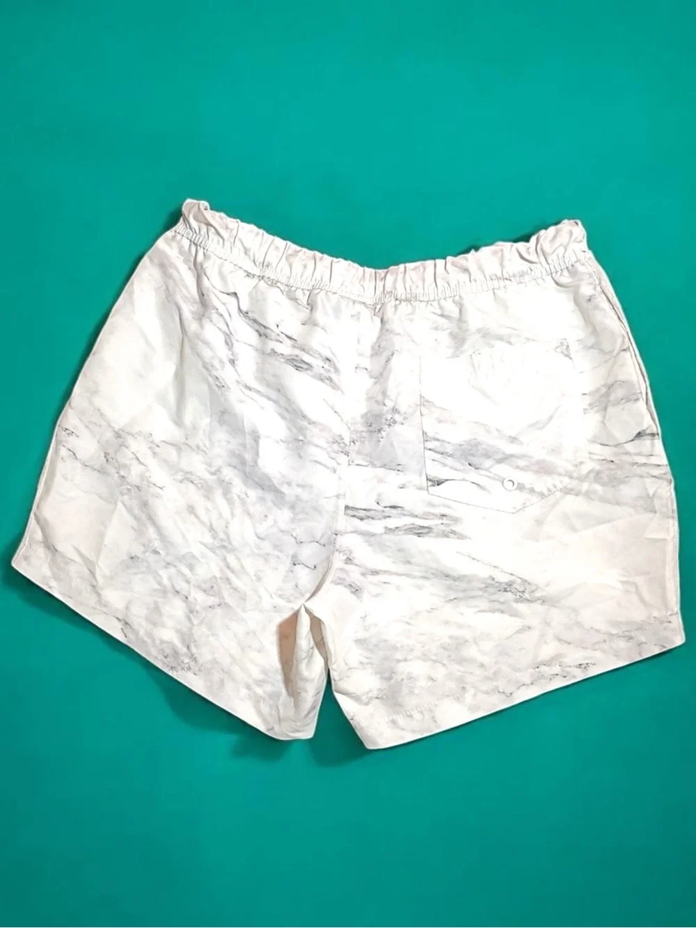 EUC ASOS Swim Shorts White Gray Marble Pattern Orange Drawstring Sz Md Lng